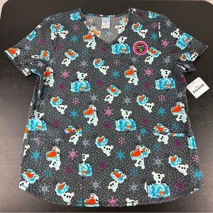 Disney Frozen Olaf Women’s Scrub Top Gray Shirt Size Large